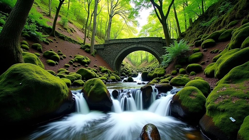 Historic waterfall in lush woodland setting