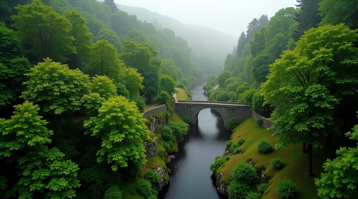 Scenic Irish woodland landscape with walking paths through green valleys