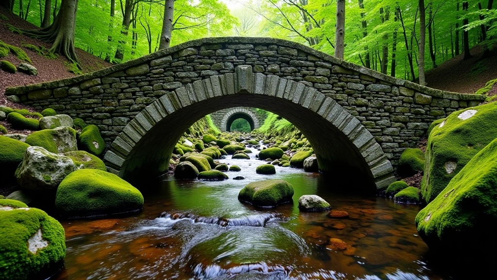 Ancient stone bridge with weathered texture spanning across a clear stream with moss-covered rocks visible in the flowing water below