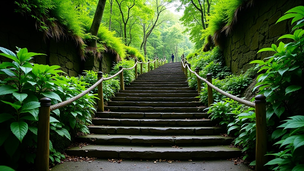 Ancient stone steps descending steeply through fern-covered forest slope, weathered handrails visible on right side