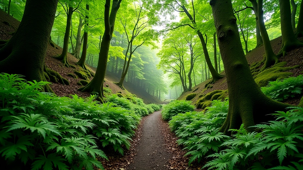 Lush green forest canopy with dappled sunlight filtering through ancient oak and ash trees creating natural shadowy paths