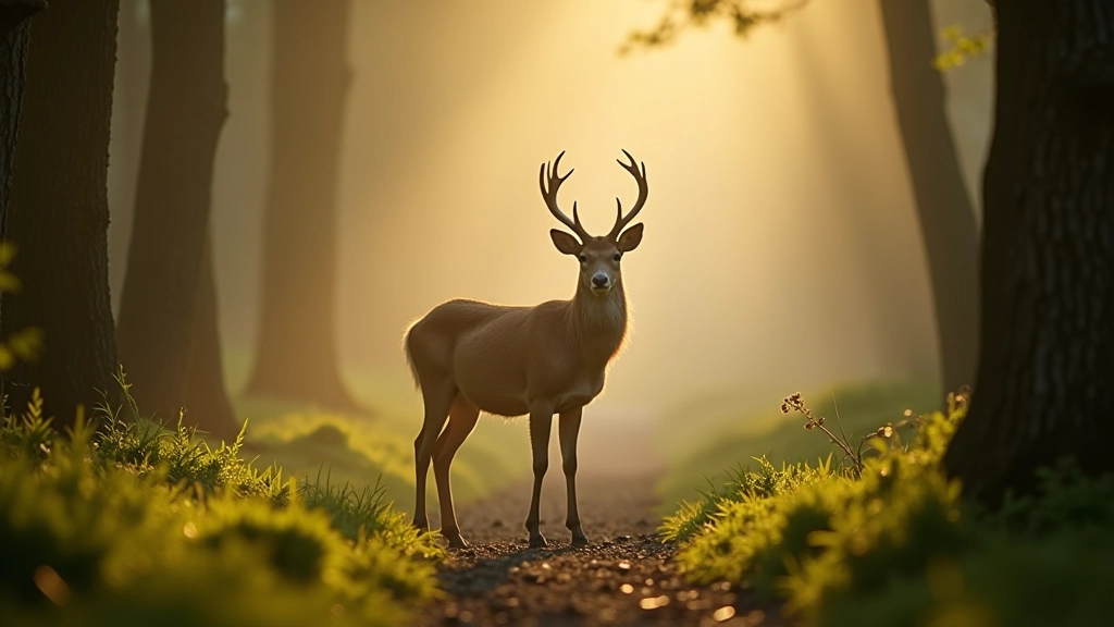 Fallow deer in misty forest clearing surrounded by trees, early morning woodland light