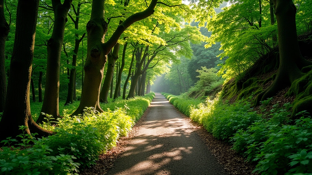 Ancient oak and beech forest path with dappled sunlight filtering through mature canopy, peaceful woodland setting