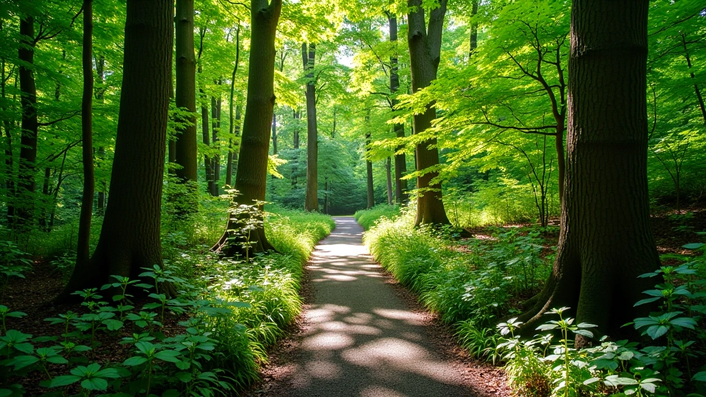 Forest path winding through mature oak and beech trees with dappled sunlight creating patterns on the ground, peaceful woodland atmosphere