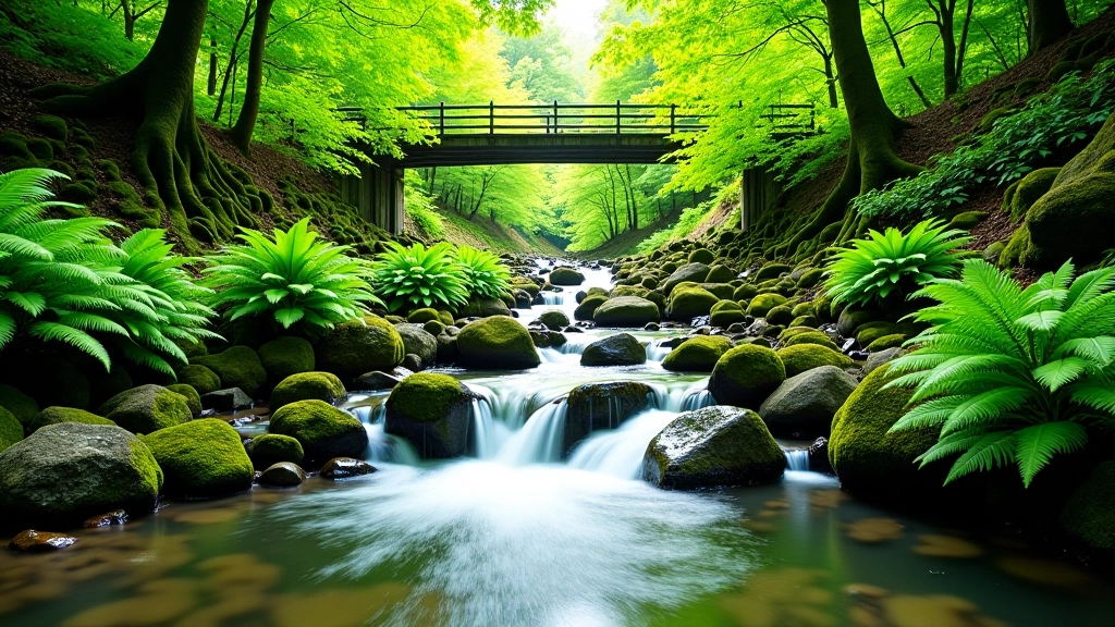 Forest stream flowing through dense fern-covered banks, sunlight filtering through dense green canopy above
