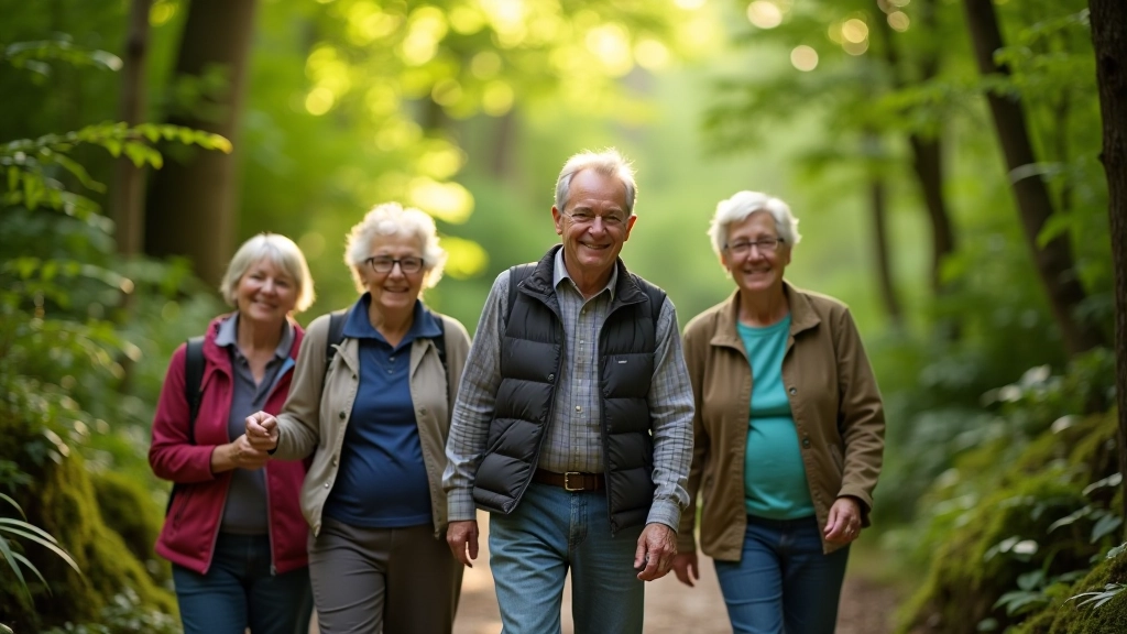 Group of older adults walking together on a peaceful woodland trail with dappled sunlight, smiling and engaged