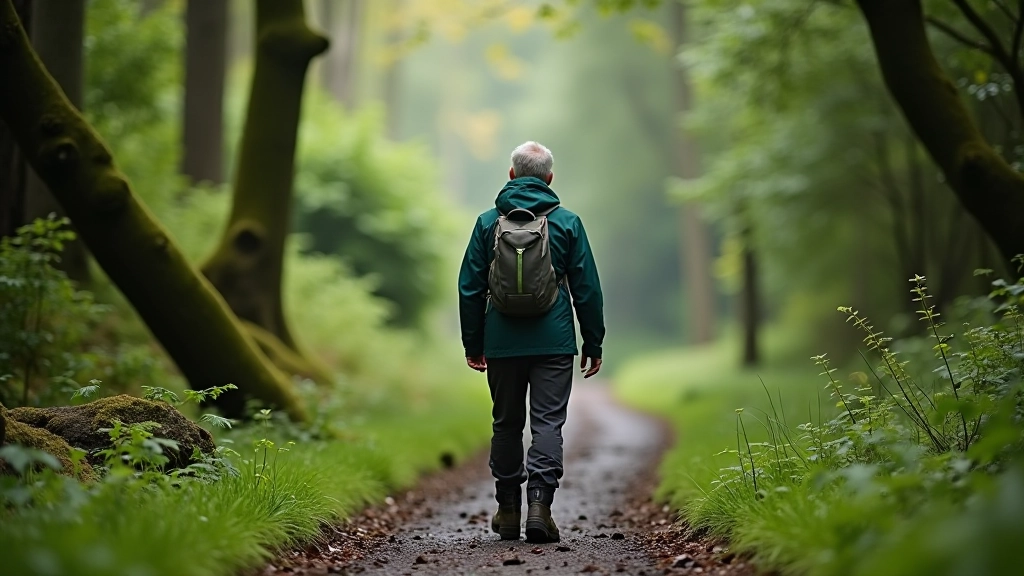 Person walking on a forest trail wearing waterproof hiking boots, photographed from behind as they approach a woodland path with trees ahead