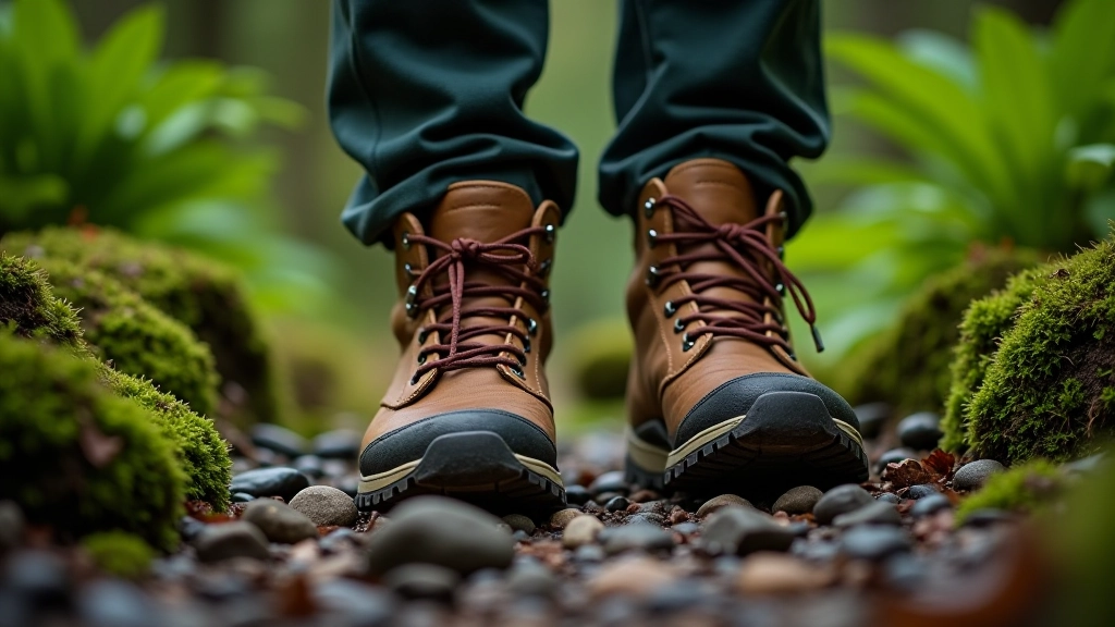 Hiking boots on rocky forest trail with moss and ferns visible, natural outdoor setting with dappled light