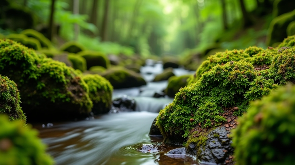 Close-up of vibrant green moss and lichen covering ancient wet rocks and tree roots along a forest stream