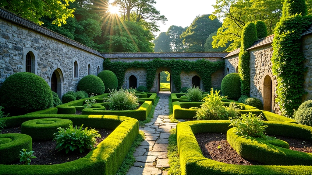 Medieval stone garden ruins with herb beds, old stone walls, and ivy-covered structures in afternoon sunlight with manicured green spaces