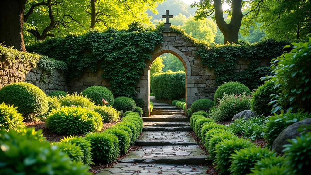 Peaceful medieval stone garden ruins with herb beds and old walls in afternoon sunlight