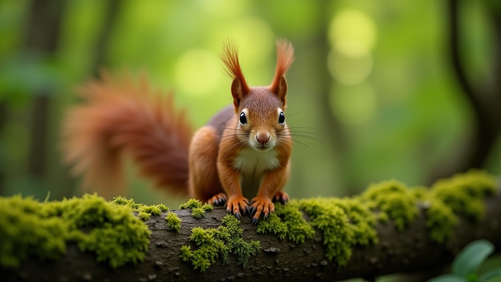 Red squirrel perched on oak branch, natural forest background with soft green tones