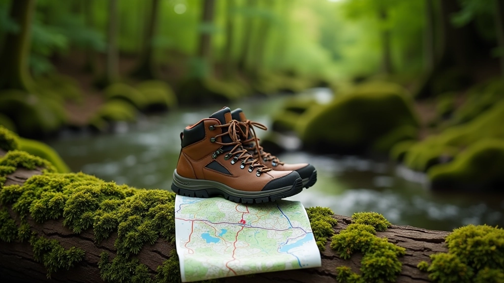 Walking boots and hiking map on moss-covered forest log, outdoor adventure planning