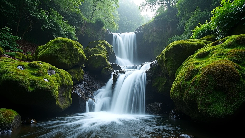 Kilfane Glen waterfall cascading over rocks with mist rising, surrounded by wet moss-covered boulders and evergreen shrubs