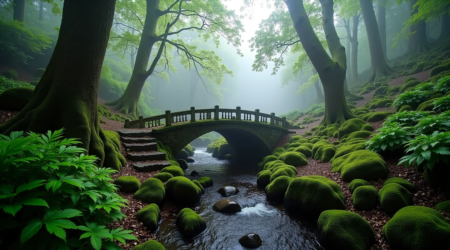 Misty wooded gorge with ancient stone bridge crossing over moss-covered stream surrounded by ferns and towering trees