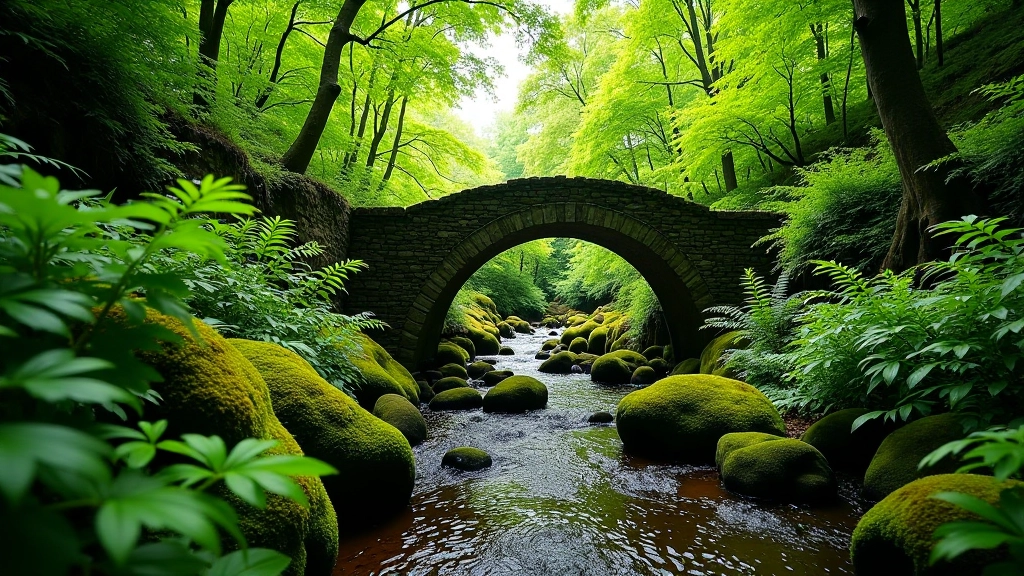 Wooded gorge with mossy bridge and native woodland