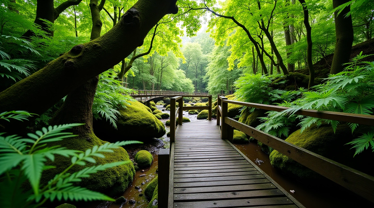 Wooden footbridge crossing over a moss-covered stream surrounded by ancient trees and ferns in a green forest